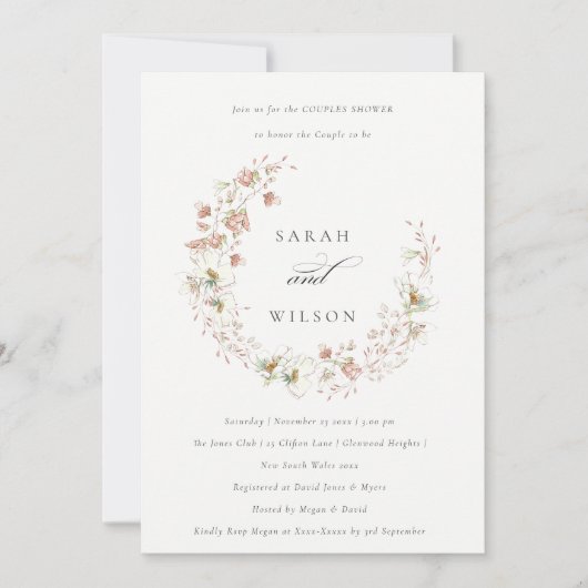Blush White Floral Wreates Couples Shower Invite Bedankkaart (Voorkant)