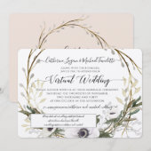 Blush White Floral Wreath Rustic Virtual Wedding Kaart (Voorkant / Achterkant)