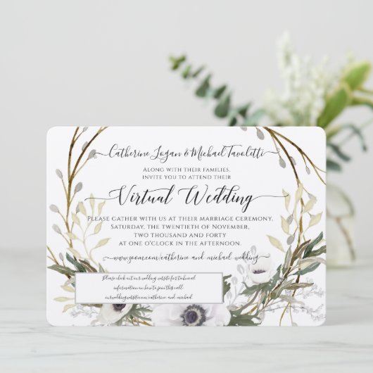 Blush White Floral Wreath Rustic Virtual Wedding Kaart (Staand voorkant)