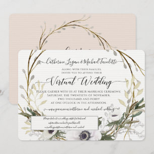 Blush White Floral Wreath Rustic Virtual Wedding Kaart