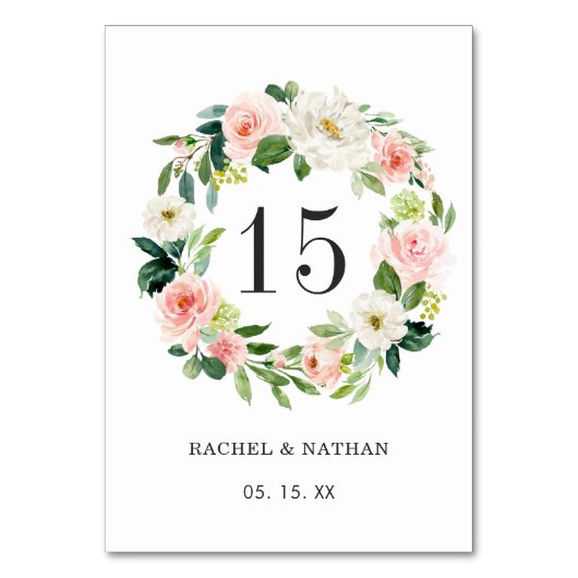 Blush White Floral Wreath Wedding Table Number Kaart (Voorkant)