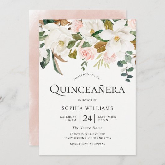 Blush & White Florals Beauful Quinceañera Party Kaart (Voorkant / Achterkant)