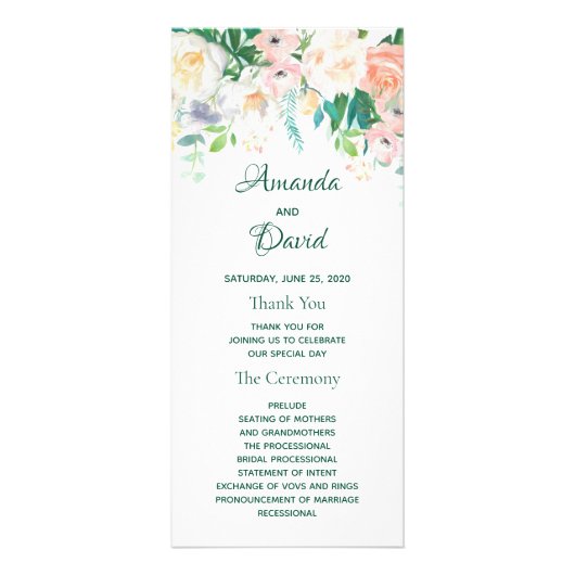Blush white florals bruiloftsprogramma reclamekaart (Voorkant)