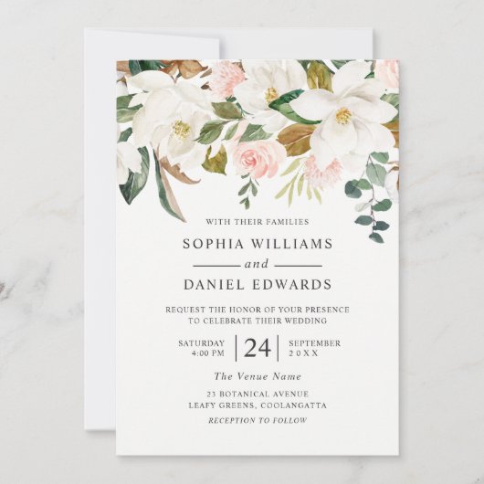 Blush & White Florals Elegant Modern Wedding Kaart (Voorkant)
