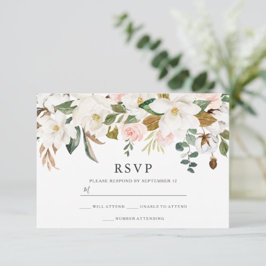 Blush & White Florals Elegant Modern Wedding RSVP Kaartje (Staand voorkant)