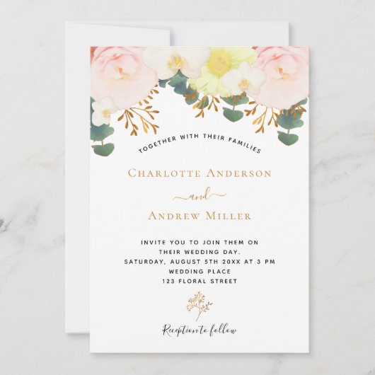 Blush white florals Gold greenery bruiloft Kaart (Voorkant)