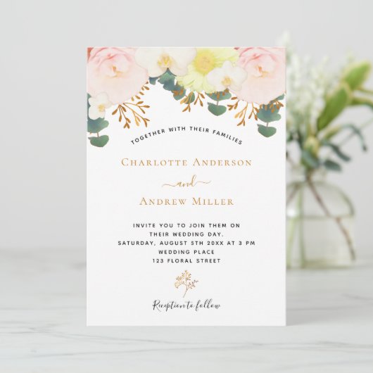 Blush white florals Gold greenery bruiloft Kaart (Staand voorkant)