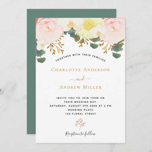 Blush white florals Gold greenery bruiloft Kaart (Voorkant / Achterkant)