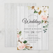 Blush & White Flowers Elegant White Wood Weddensch Kaart (Voorkant / Achterkant)