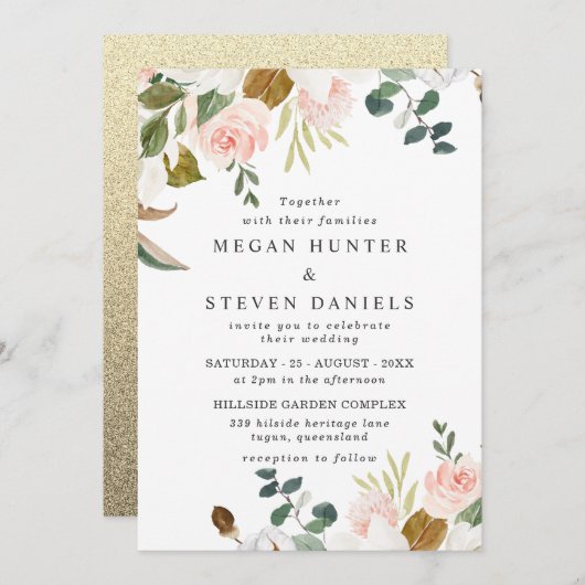 Blush & White Flowers Gold Backing Modern Weddensc Kaart (Voorkant / Achterkant)