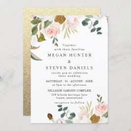 Blush & White Flowers Gold Backing Modern Weddensc Kaart