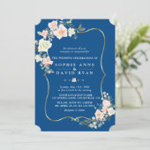 Blush White Flowers Gold Classic Blue Weddenschap Kaart (Staand voorkant)