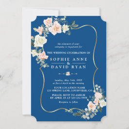Blush White Flowers Gold Classic Blue Weddenschap Kaart