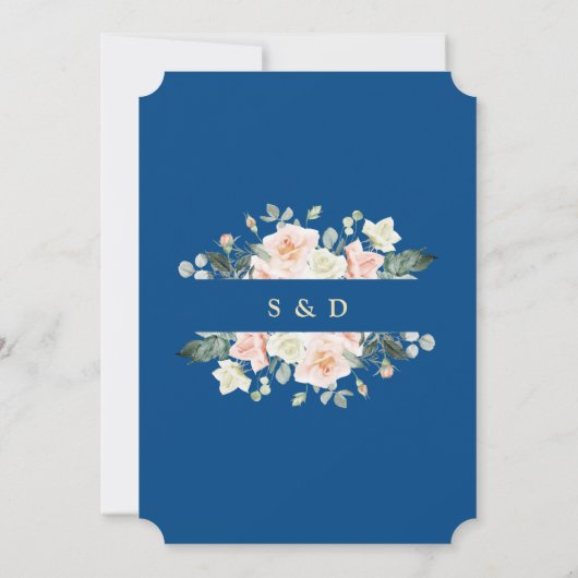 Blush White Flowers Gold Classic Blue Weddenschap Kaart (Achterkant)