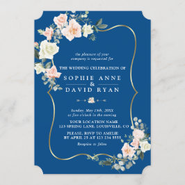 Blush White Flowers Gold Classic Blue Weddenschap Kaart