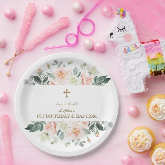 Blush White Flowers Gold Girl 1e verjaardag Baptis Papieren Bordje (Feest)