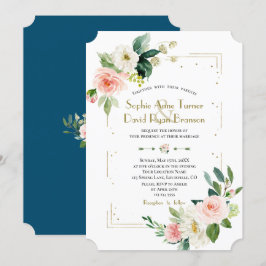 Blush White Flowers Gold Glitter Wedding Kaart
