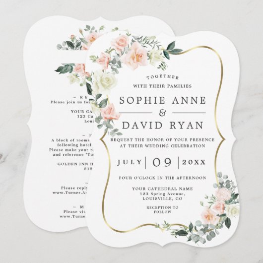 Blush White Flowers Gold in één keer Kaart (Voorkant / Achterkant)