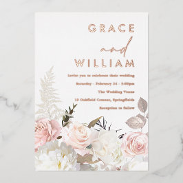 Blush & White Flowers Modern Wedding Roos Gold Folie Uitnodiging