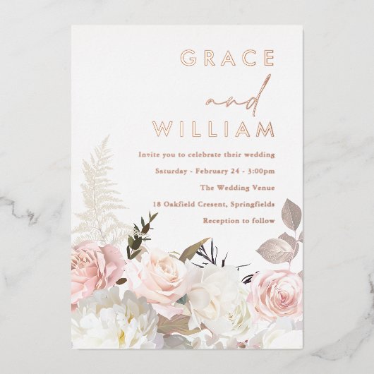 Blush & White Flowers Modern Wedding Roos Gold Folie Uitnodiging (Voorkant)