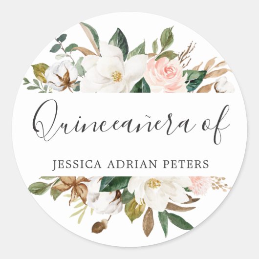 Blush & White Flowers Quinceanera Party Favor Ronde Sticker (Voorkant)