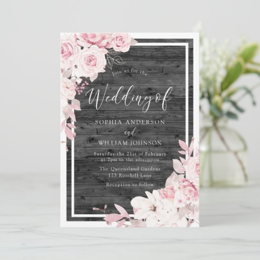 Blush & White Flowers Rustic Black Wedding Kaart (Staand voorkant)