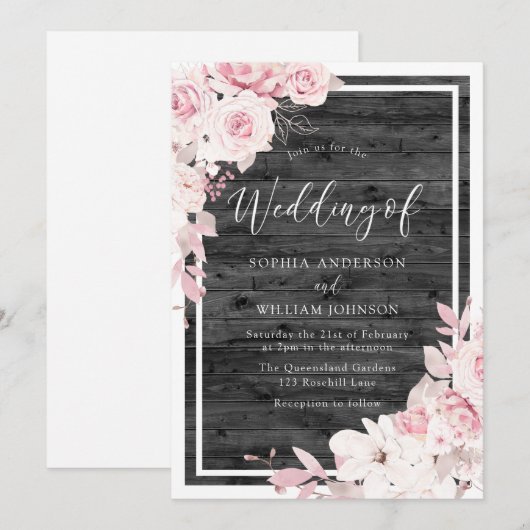 Blush & White Flowers Rustic Black Wedding Kaart (Voorkant / Achterkant)