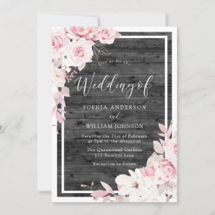 Blush & White Flowers Rustic Black Wedding Kaart