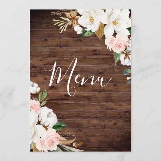 Blush & White Flowers Rustic Wood Weddenschap Menu (Achterkant)