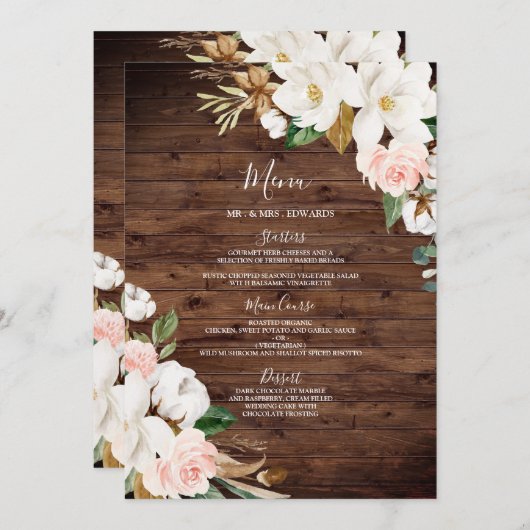 Blush & White Flowers Rustic Wood Weddenschap Menu (Voorkant / Achterkant)