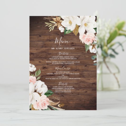 Blush & White Flowers Rustic Wood Weddenschap Menu (Staand voorkant)