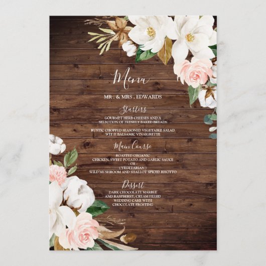 Blush & White Flowers Rustic Wood Weddenschap Menu (Voorkant)