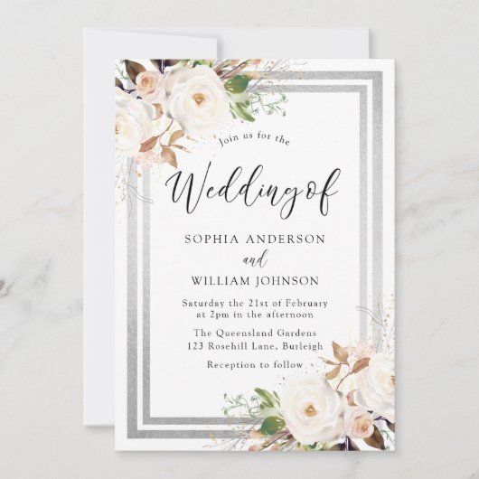 Blush White Flowers Silver Border Elegant Weddensc Kaart (Voorkant)