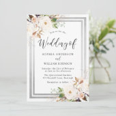 Blush White Flowers Silver Border Elegant Weddensc Kaart (Staand voorkant)