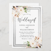 Blush White Flowers Silver Border Elegant Weddensc Kaart (Voorkant / Achterkant)