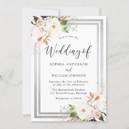 Blush White Flowers Silver Border Elegant Weddensc Kaart