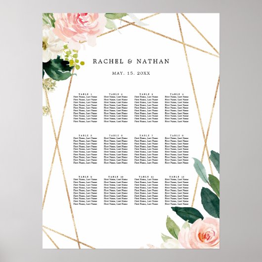 Blush White Gold Floral Wedding Seating Chart Poster (Voorkant)
