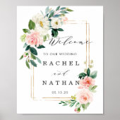 Blush White Gold Lijst Floral Weddenschap Welkomst Poster (Voorkant)