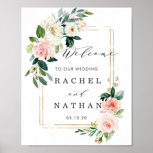 Blush White Gold Lijst Floral Weddenschap Welkomst Poster (Voorkant)