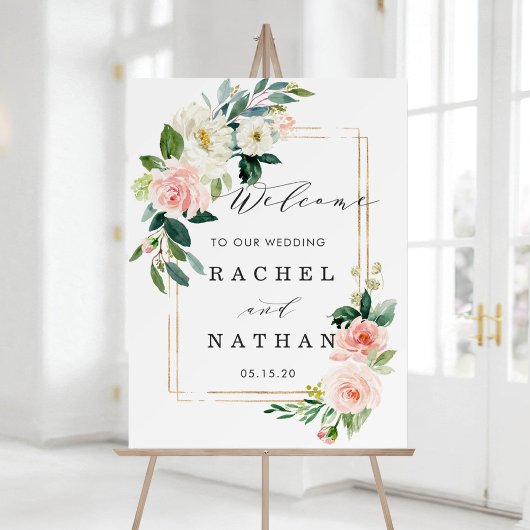 Blush White Gold Lijst Floral Weddenschap Welkomst Poster