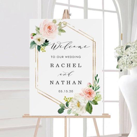 Blush White Gold Lijst Floral Weddenschap Welkomst Poster