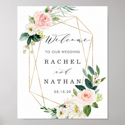 Blush White Gold Lijst Floral Weddenschap Welkomst Poster (Voorkant)
