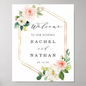 Blush White Gold Lijst Floral Weddenschap Welkomst Poster (Voorkant)