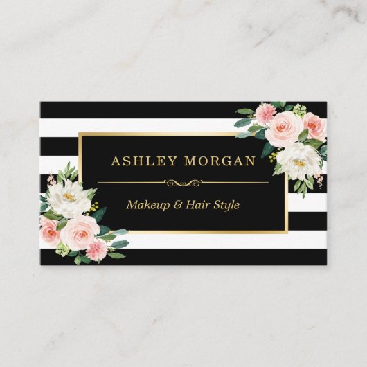 Blush White Green Floral Black White Stripes Visitekaartje (Voorkant)