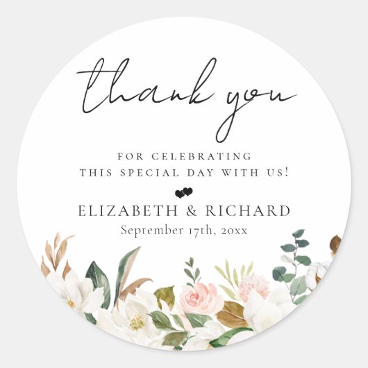 Blush White Magnolia Floral Wedding Ronde Sticker (Voorkant)