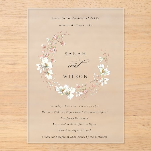 Blush White Meadow Floral Wreatal Verloving Invite Acryl Uitnodigingen (Voorkant)