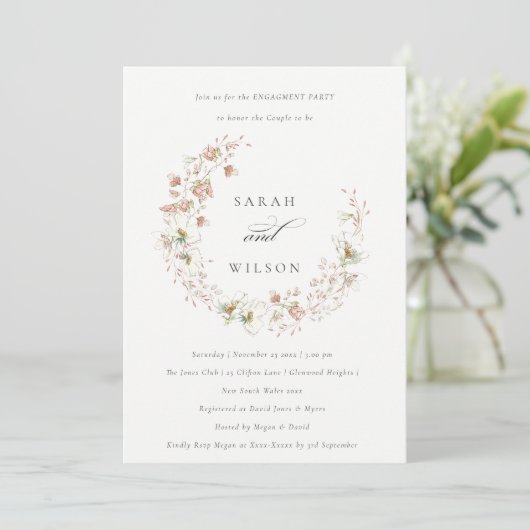 Blush White Meadow Floral Wreatal Verloving Invite Bedankkaart (Staand voorkant)