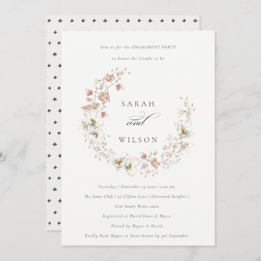 Blush White Meadow Floral Wreatal Verloving Invite Bedankkaart (Voorkant / Achterkant)