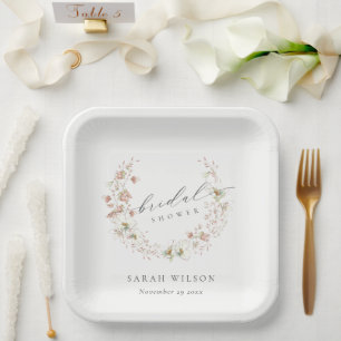 Blush White Meadow Floral Wreated Vrijgezellenfees Papieren Bordje