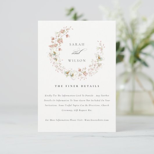 Blush White Meadow Floral Wreath Weddenschap Detai Informatiekaartje (Staand voorkant)